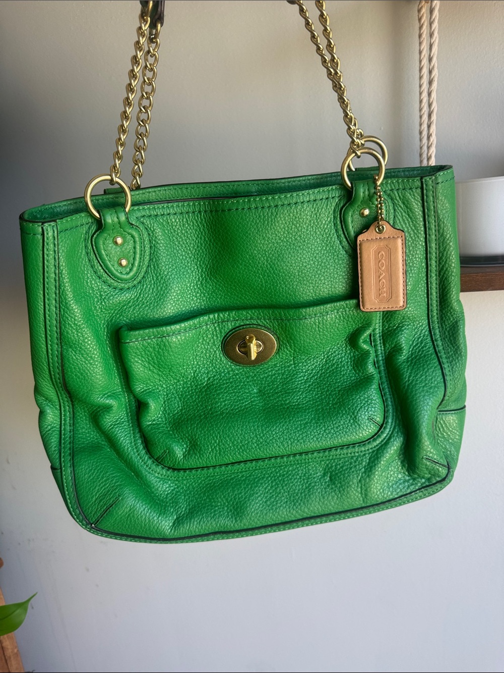 Coach Green Pebbled Leather Shoulder Bag with Gold Chain Straps